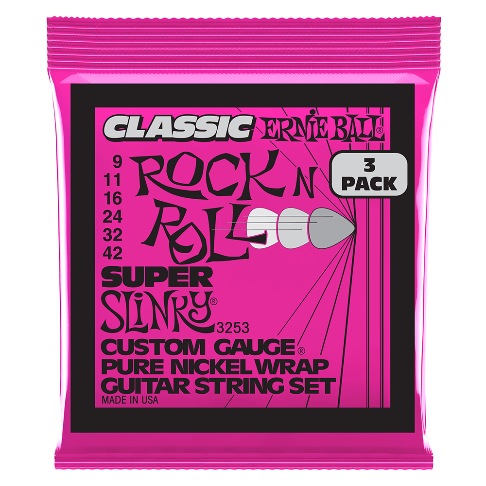 Ernie Ball P03253 Super Slinky Classic Rock N Roll Pure Nickel Wrap Electric Guitar Strings 9-42 Gauge - 3 Pack