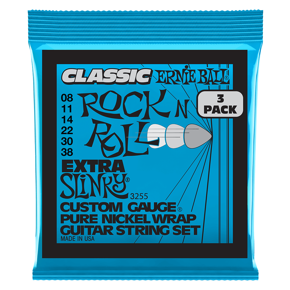 Ernie Ball P03255 Extra Slinky Classic Rock N Roll Pure Nickel Wrap Electric Guitar Strings 8-38 Gauge - 3 Pack
