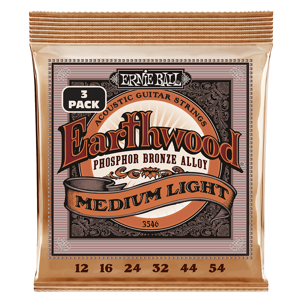 Ernie Ball Earthwood Medium Light Phosphor Bronze Acoustic Guitar Strings 12-54 Gauge - 3 Pack