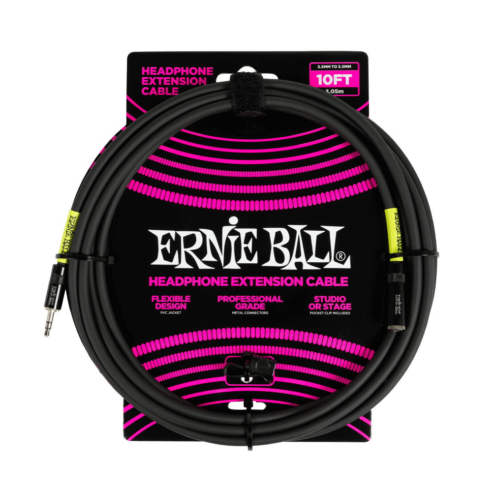 Ernie Ball Headphone Extension Cable 3.5mm to 3.5mm 10ft - Black