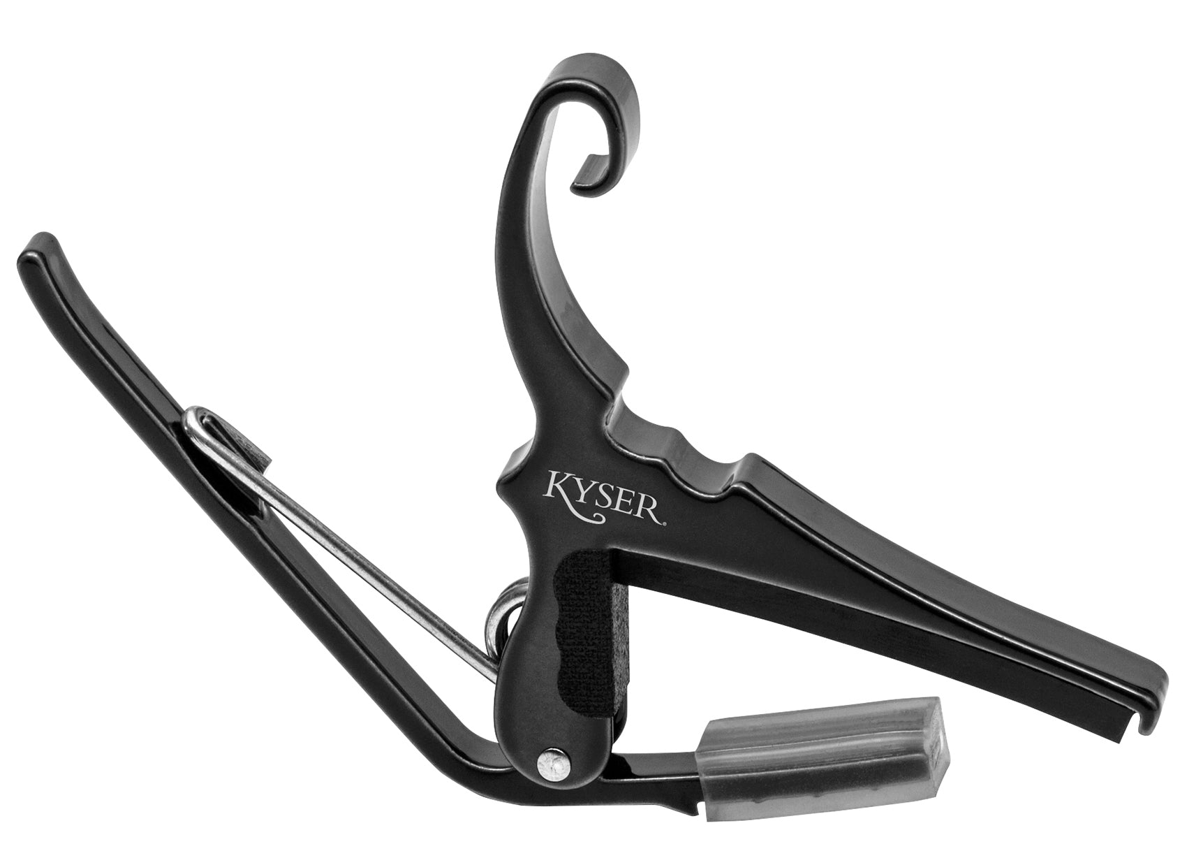 Black Chrome Capo for acoustic. Easy headstock park and one hand reposition.