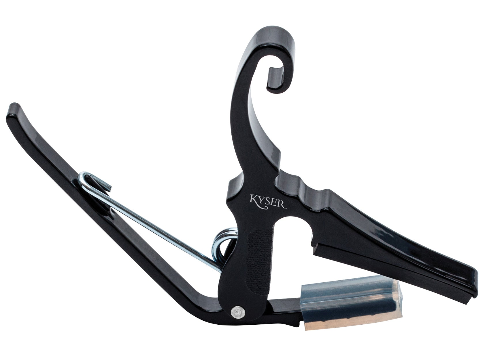Black Drop D Partial Capo for acoustic guitars. Easy headstock park and one hand reposition.