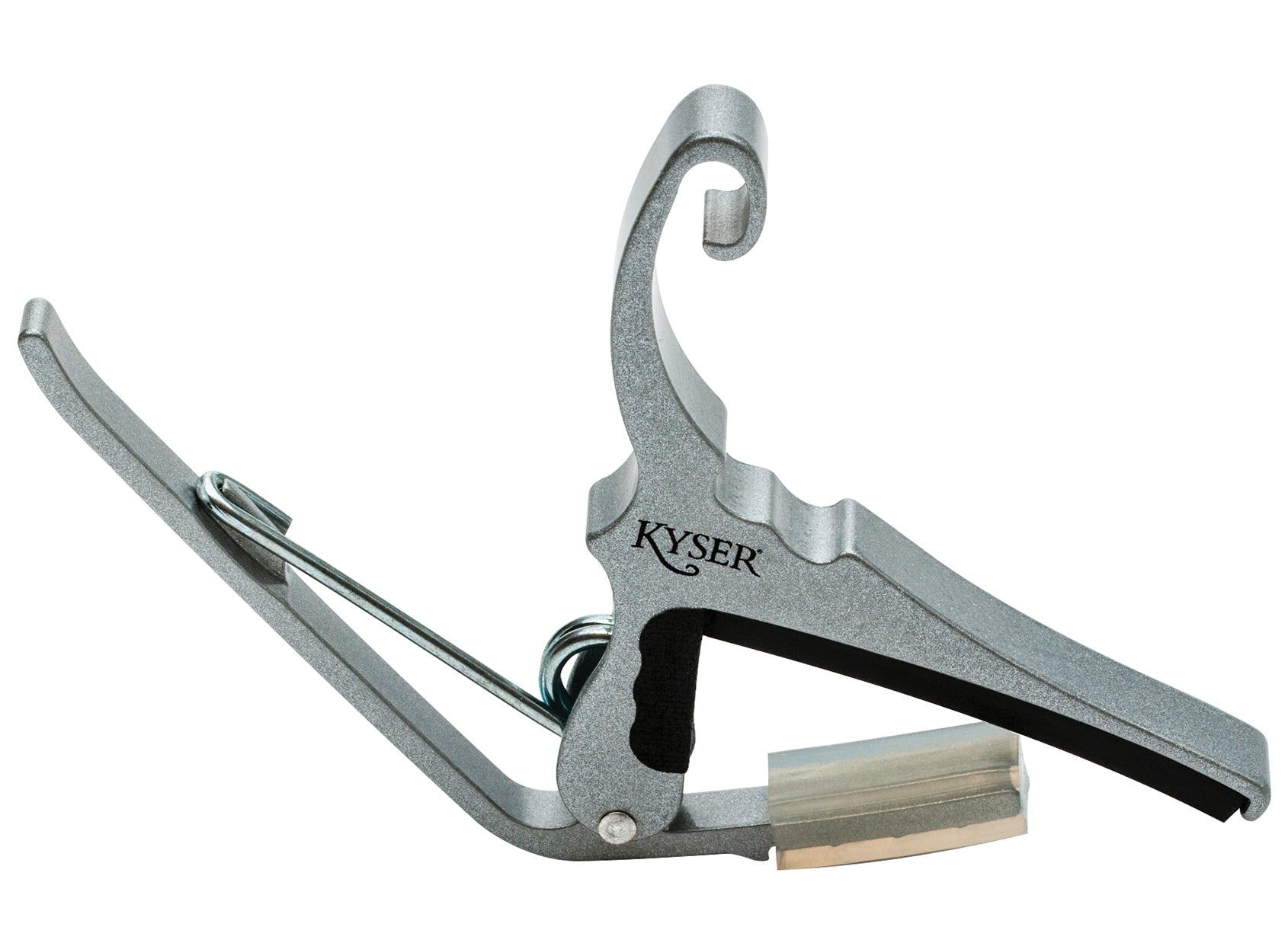 Silver Capo for acoustic guitars. Easy headstock park and one hand reposition.