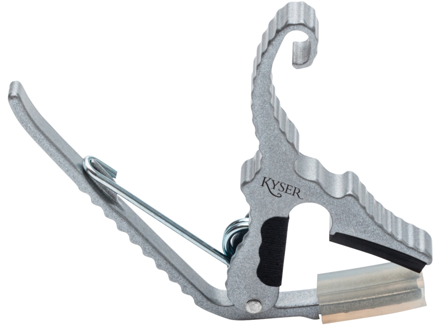 Silver Partial Capo for acoustic guitars. Easy headstock park and one hand reposition.