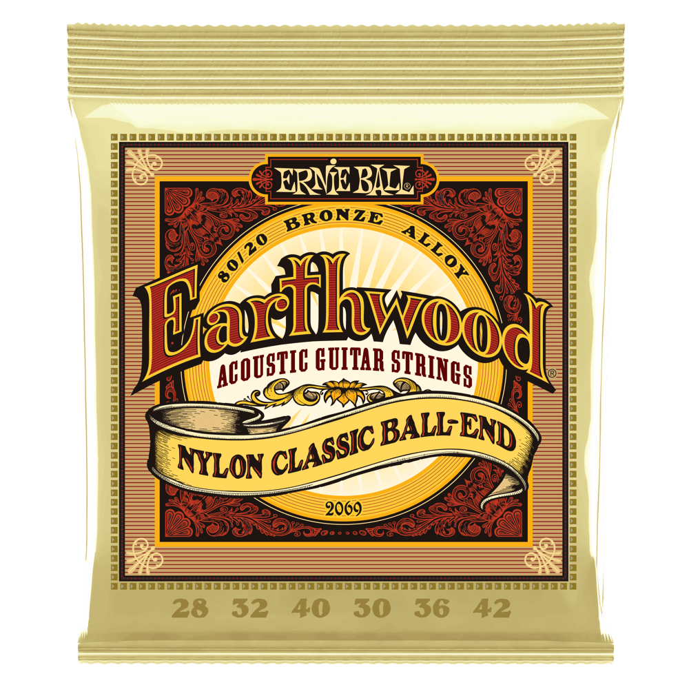 Ernie Ball P02069 Earthwood Folk Nylon, Clear & Gold Bal End, 80/20 Bronze Acoustic Guitar Strings 28-42 Gauge