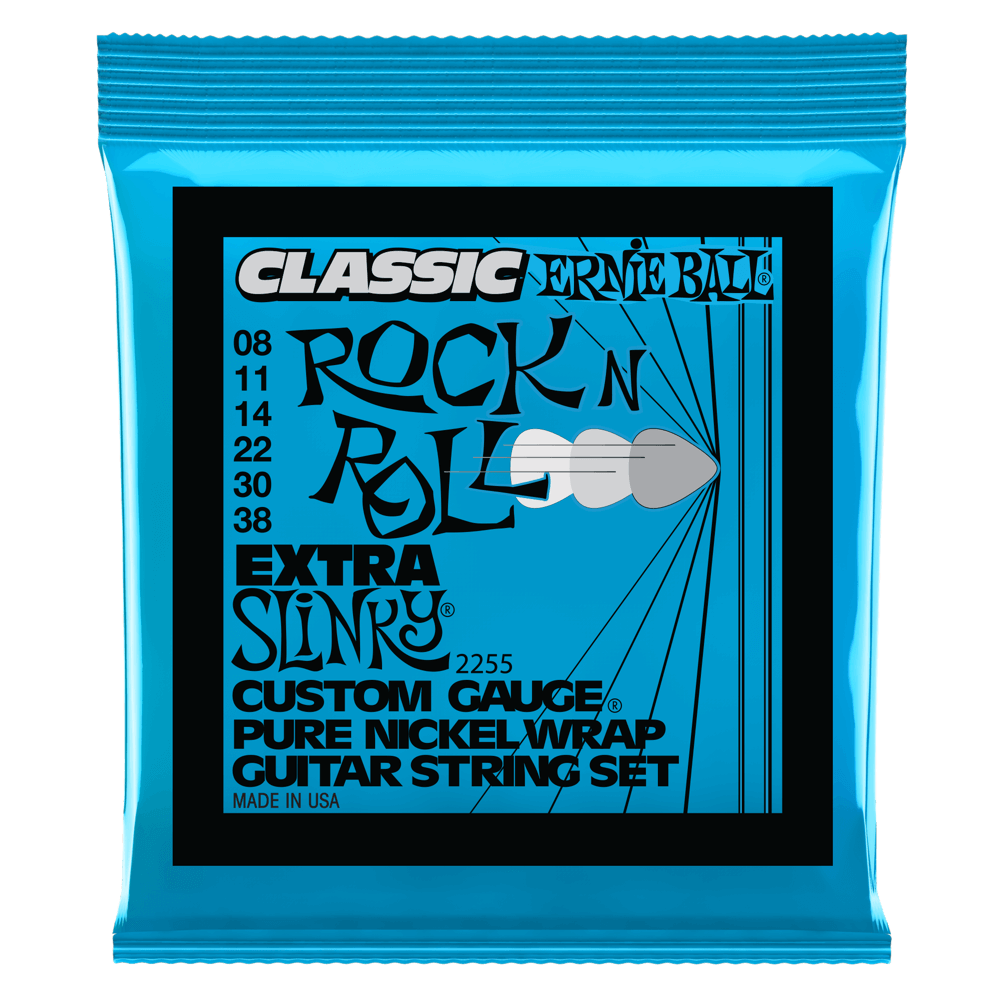 Ernie Ball P02255 Extra Slinky Classic Rock n Roll Pure Nickel Wrap Electric Guitar Strings 8-38 Gauge