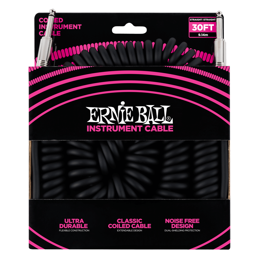 Ernie Ball P06044 30' Coiled Straight / Straight Instrument Cable | Black