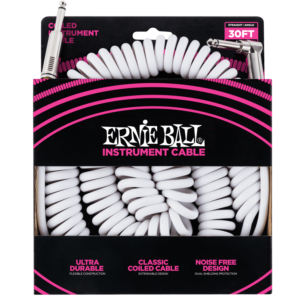 Ernie Ball P06045 30' Coiled Straight / Angle Instrument Cable | White