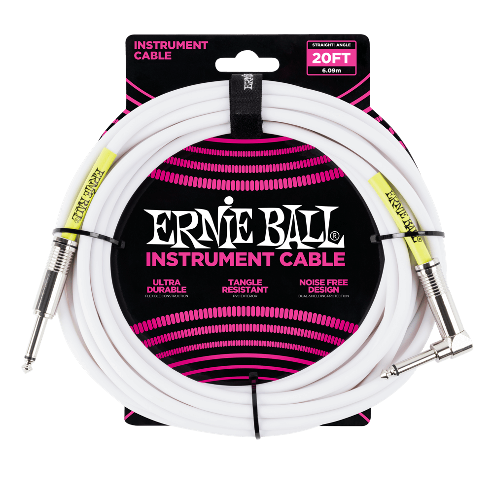 Ernie Ball P06047 20' Straight / Angle Instrument Cable | White