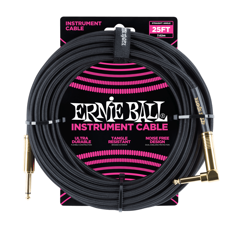 Ernie Ball P06058 25' Braided Straight / Angle Instrument Cable | Black | Gold Tips