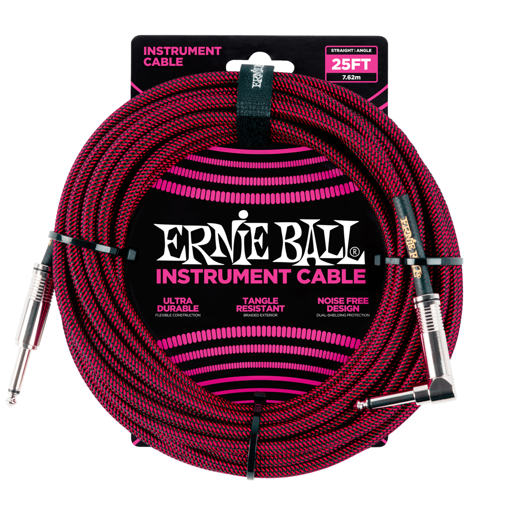 Ernie Ball P06062 25' Braided Straight / Angle Instrument Cable | Red Black