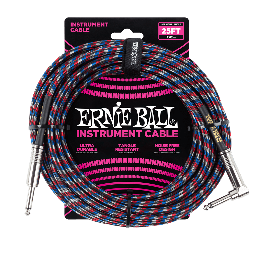 Ernie Ball P06063 25' Braided Straight / Angle Instrument Cable | Black Red Blue White