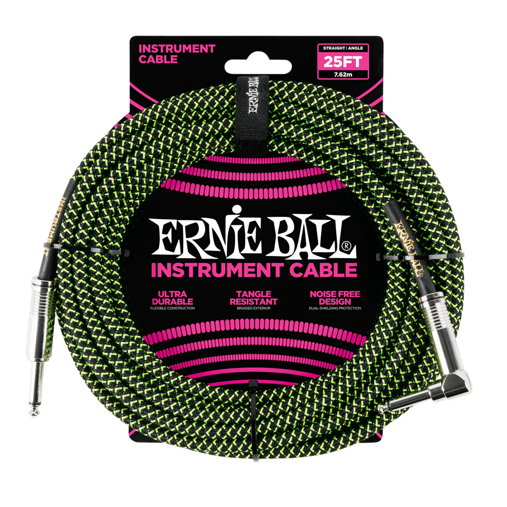 Ernie Ball P06066 25' Braided Straight / Angle Instrument Cable | Black Green