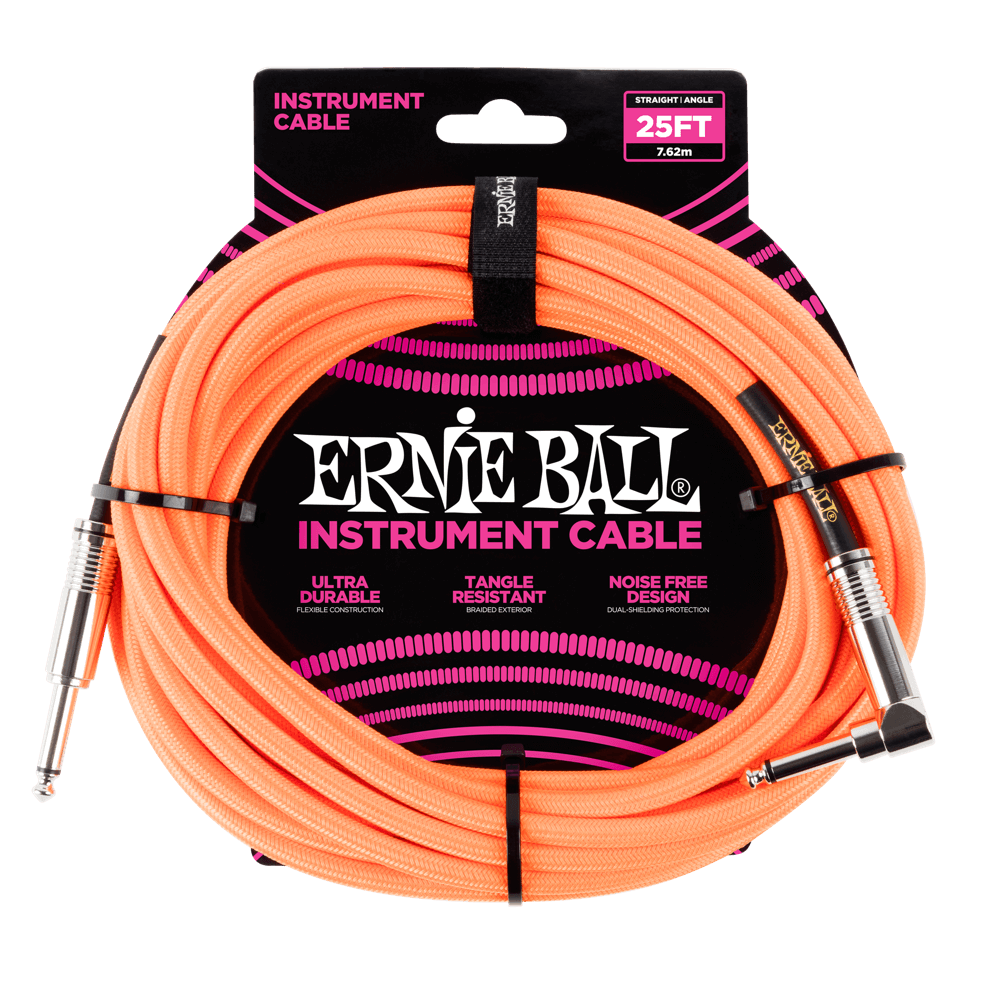 Ernie Ball P06067 25' Braided Straight / Angle Instrument Cable | Neon Orange