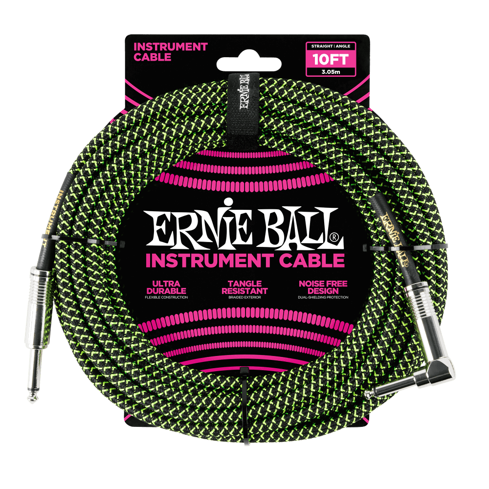 Ernie Ball P06077 10' Braided Straight / Angle Instrument Cable | Black Green