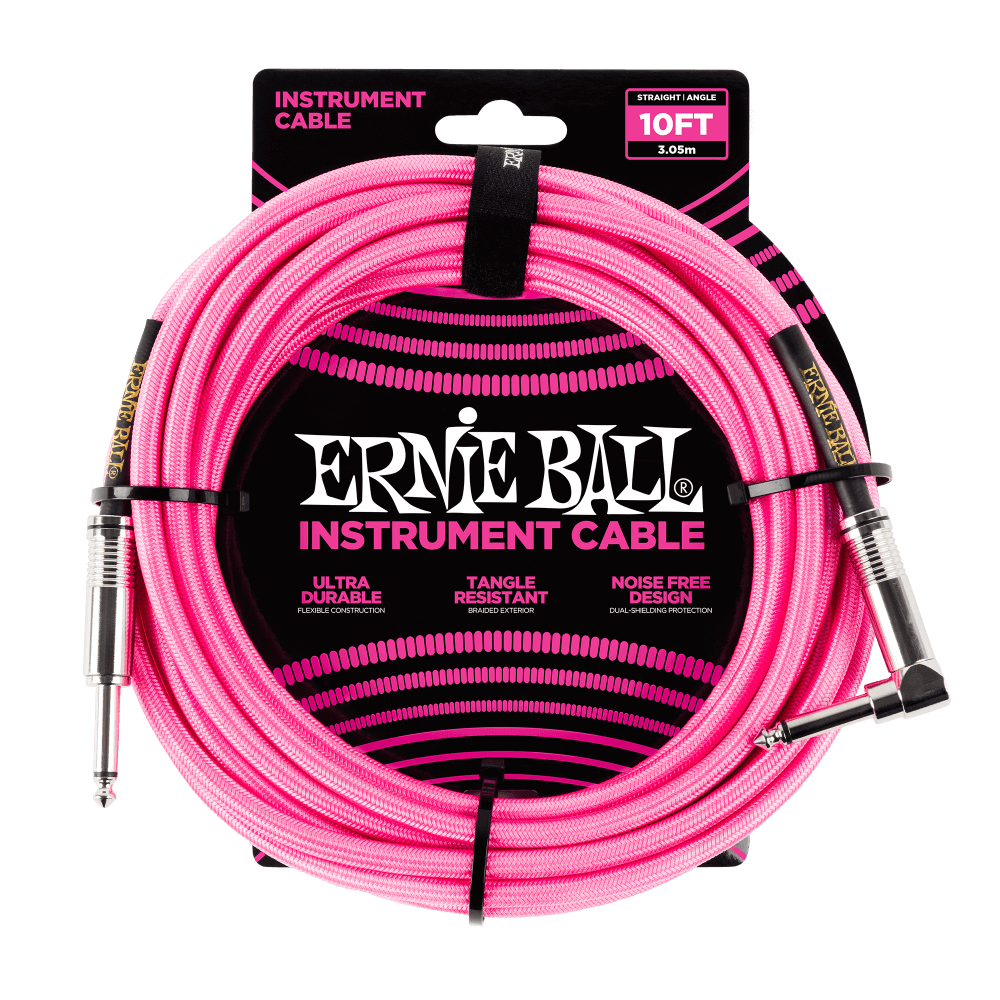 Ernie Ball P06078 10' Braided Straight / Angle Instrument Cable | Neon Pink