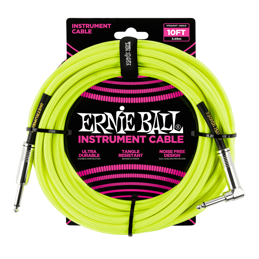 Ernie Ball P06080 10' Braided Straight / Angle Instrument Cable | Neon Yellow
