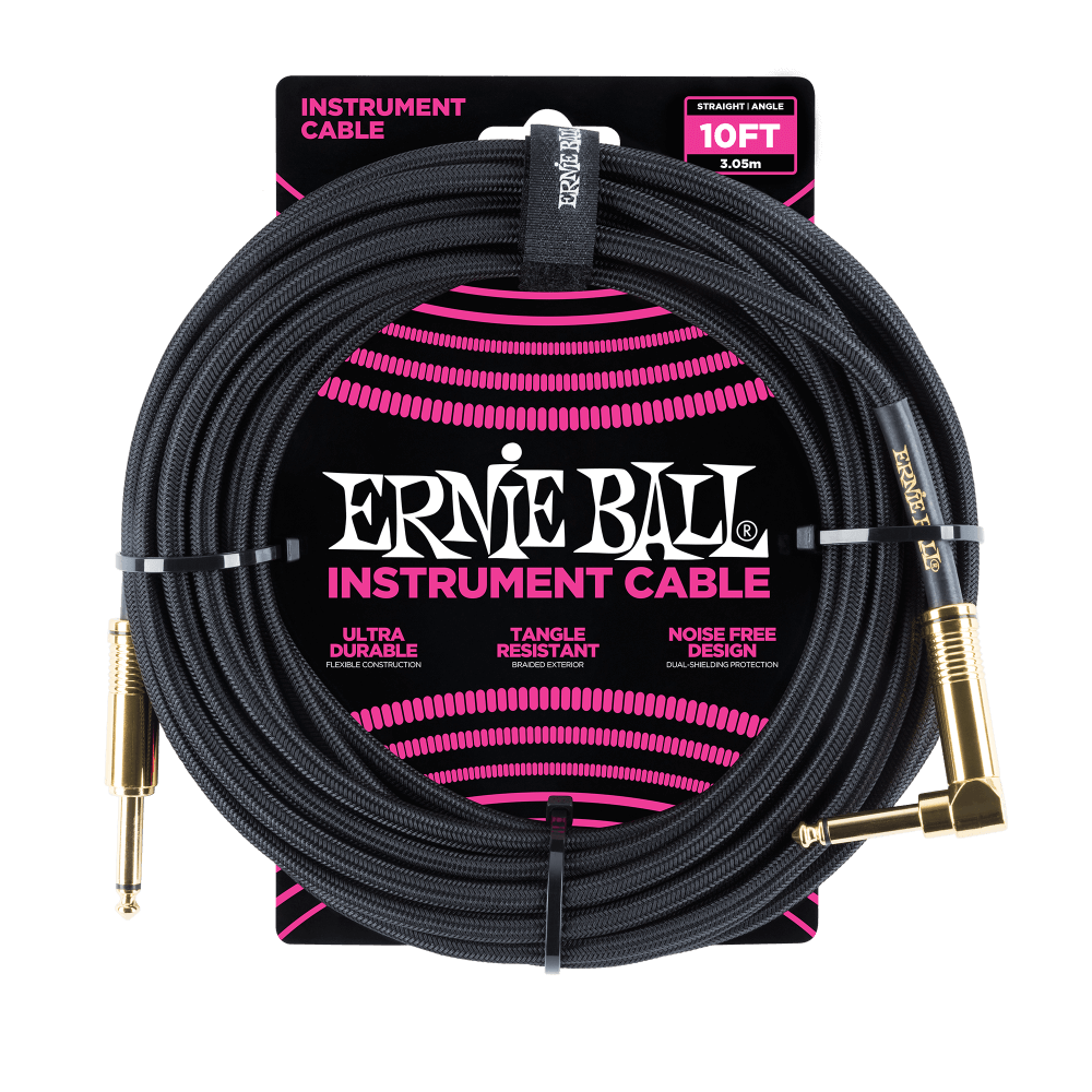 Ernie Ball P06081 10' Braided Straight / Angle Instrument Cable | Black | Gold Tips