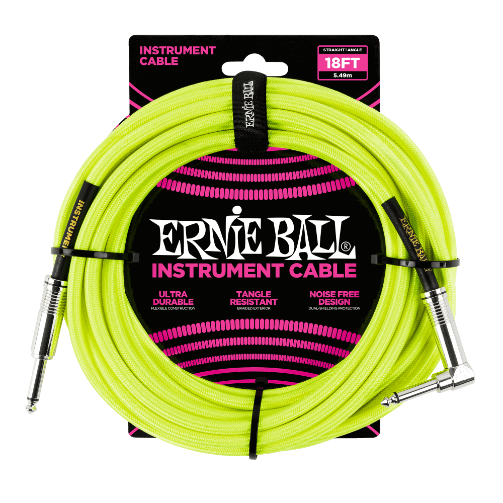 Ernie Ball P06085 18' Braided Straight / Angle Instrument Cable | Neon Yellow