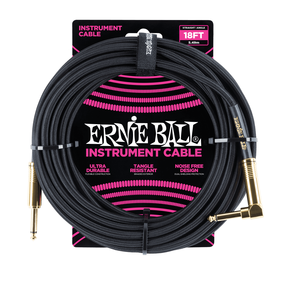 Ernie Ball P06086 18' Braided Straight / Angle Instrument Cable | Black | Gold Tips