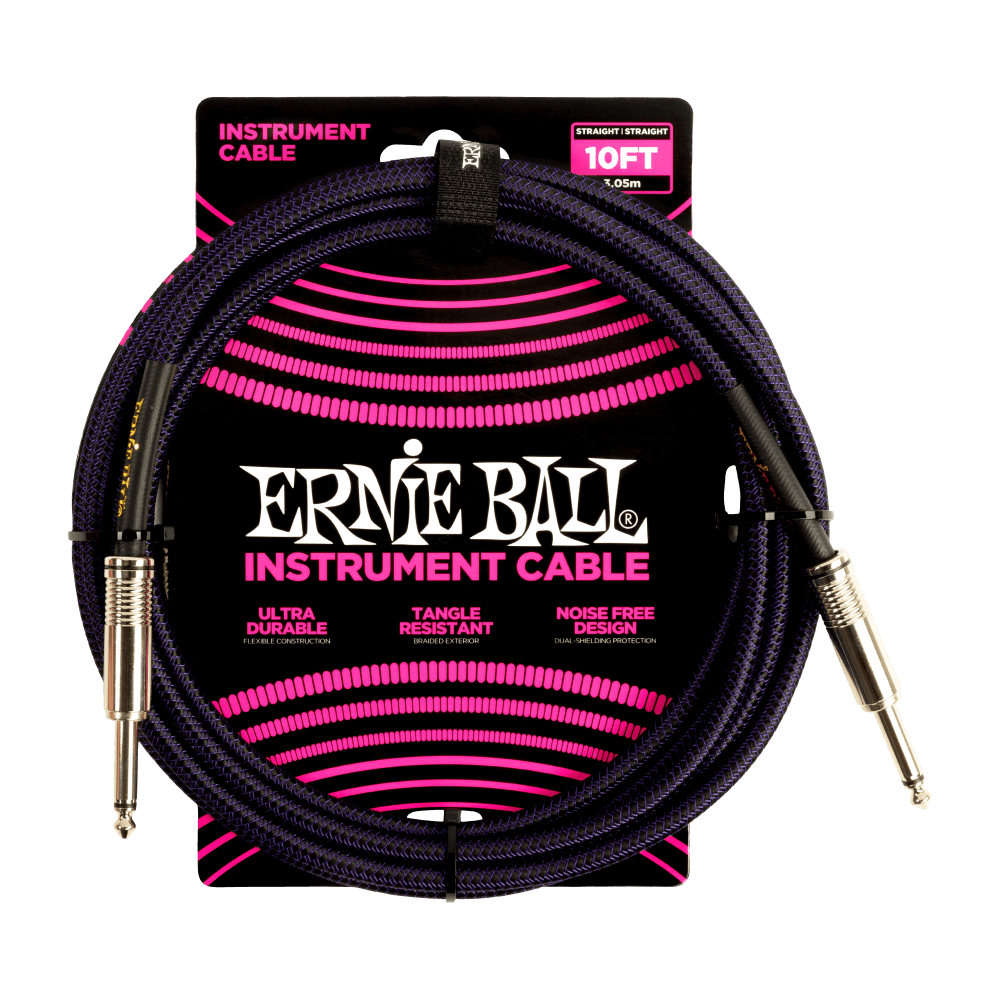 Ernie Ball P06393 10' Braided Straight / Straight Instrument Cable | Purple Black