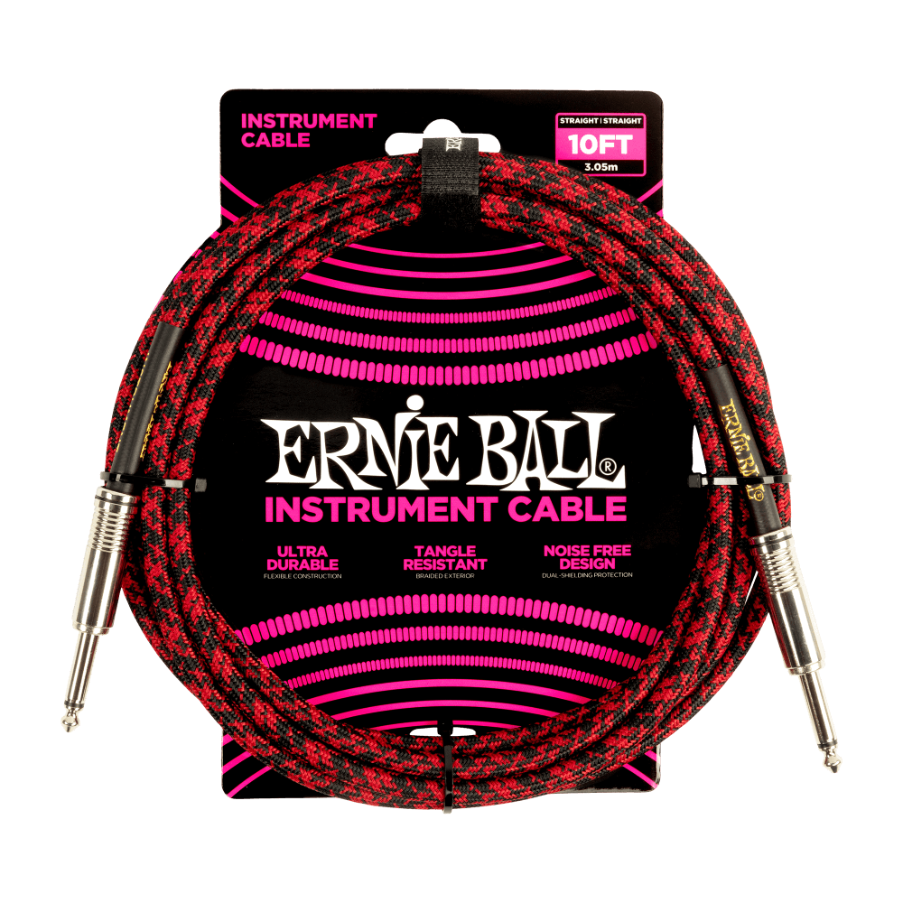 Ernie Ball P06394 10' Braided Straight / Straight Instrument Cable | Red Black