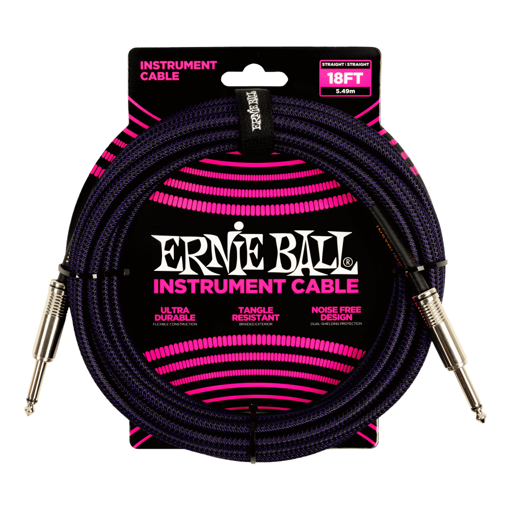Ernie Ball P06395 18' Braided Straight / Straight Instrument Cable | Purple Black