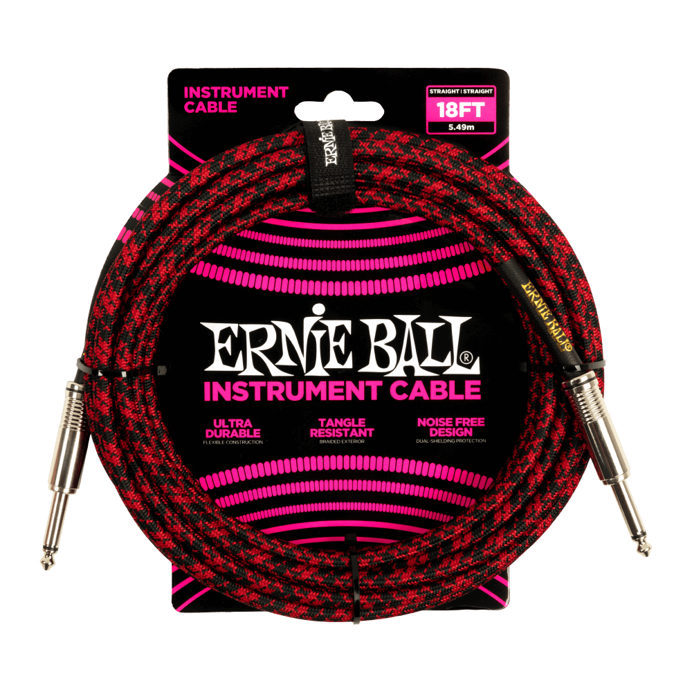 Ernie Ball P06396 18' Braided Straight / Straight Instrument Cable | Red Black