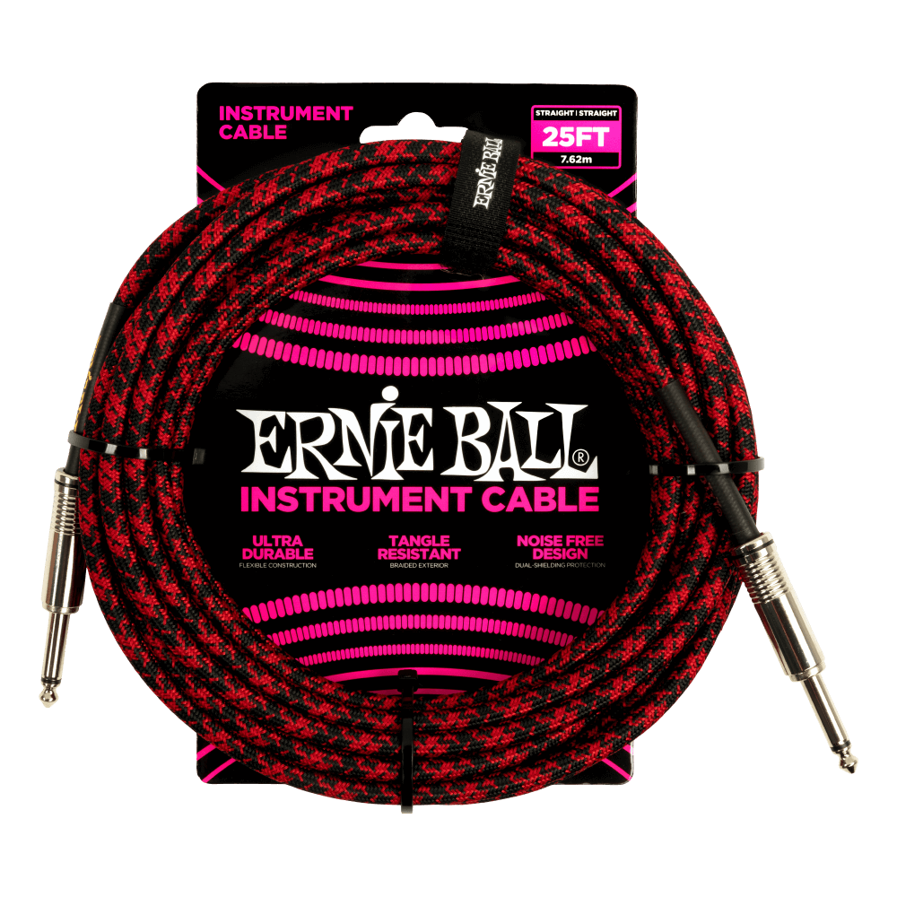 Ernie Ball P06398 25' Braided Straight / Straight Instrument Cable | Red Black