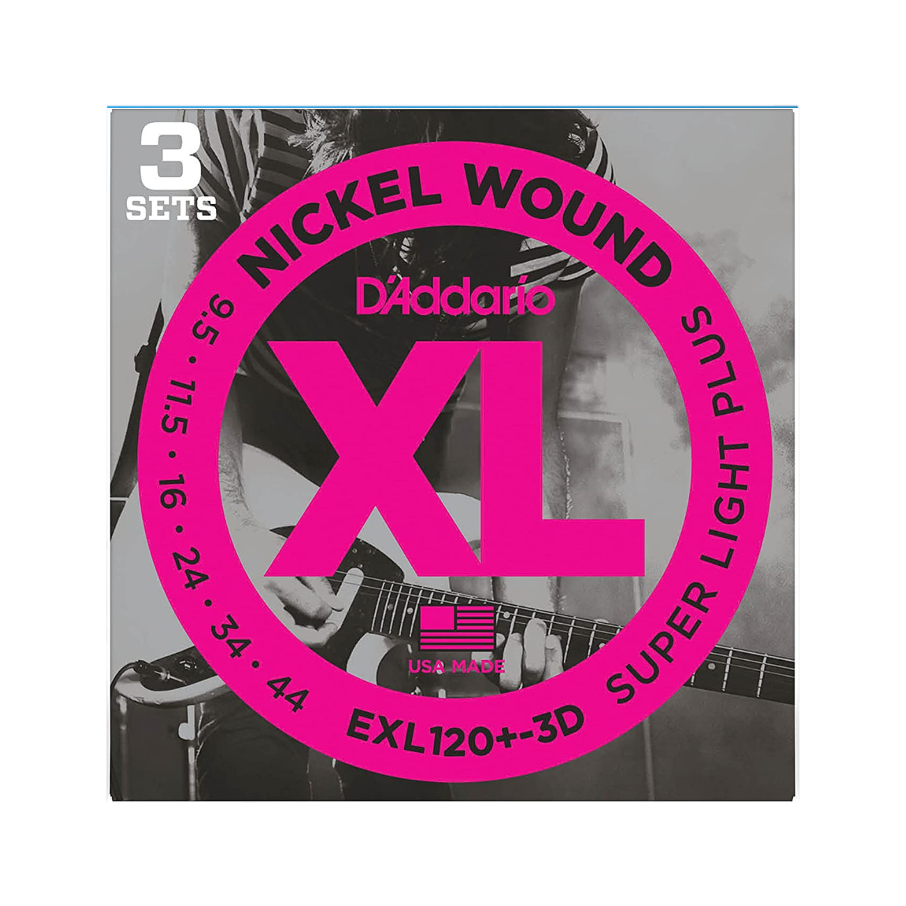 D'Addario EXL120+-3D | Nickel Wound Electric Guitar Strings 9.5-44 Super Light + Gauge | 3-Pack