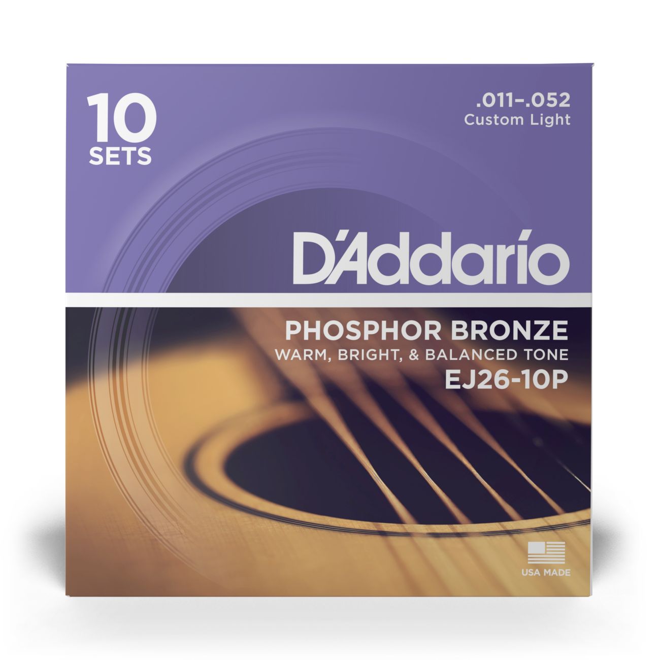 D'Addario EJ26-10P | Phosphor Bronze Acoustic Guitar Strings 11-52 Gauge | Custom Light | 10-Pack