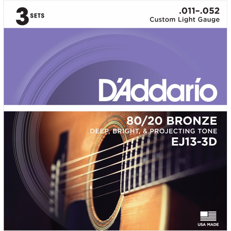 D'Addario EJ13-3D | 80/20 Bronze Acoustic Guitar Strings 11-52 Gauge | Custom Light | 3-Pack