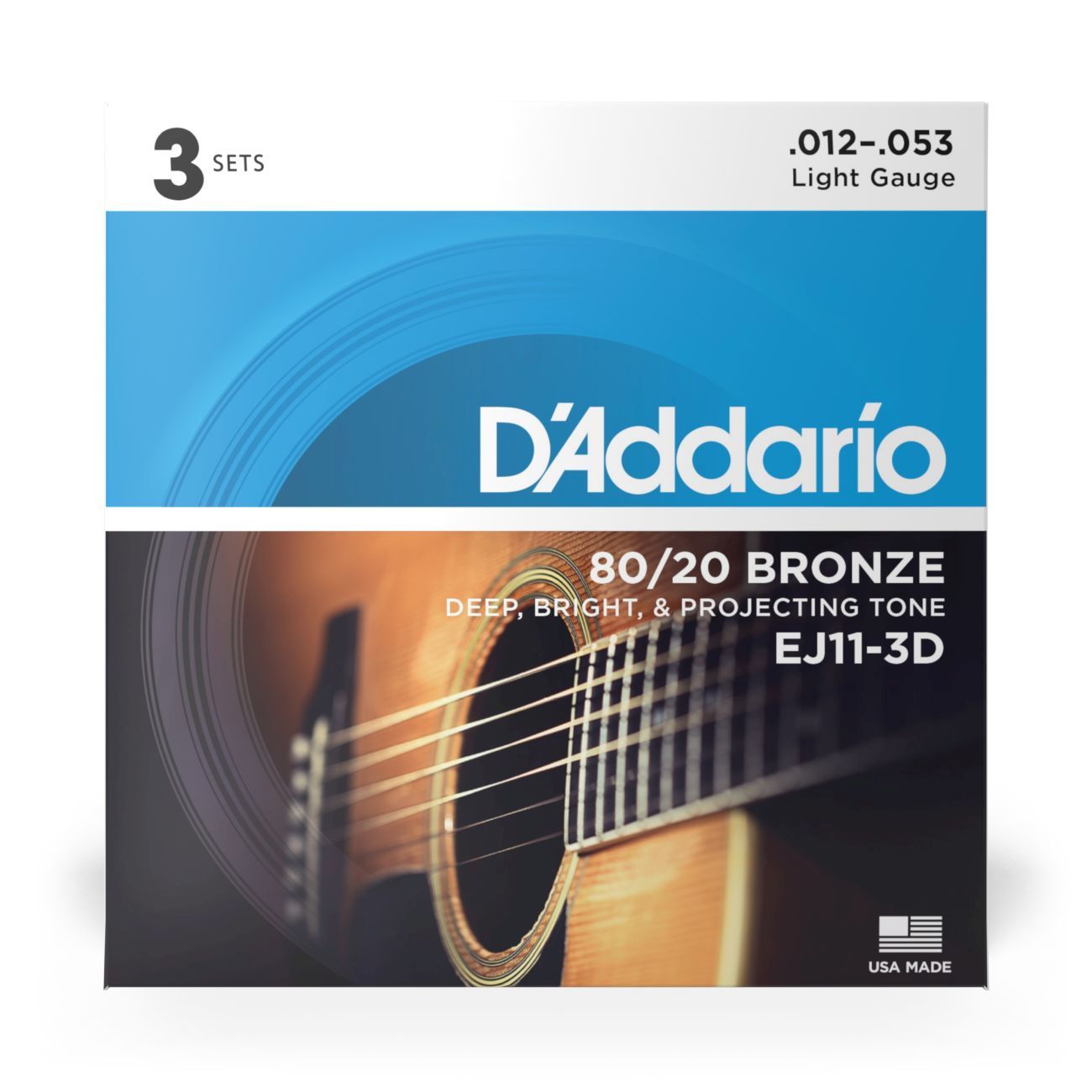 D'Addario EJ11-3D | 80/20 Bronze Acoustic Guitar Strings 12-53 Gauge | Light | 3-Pack