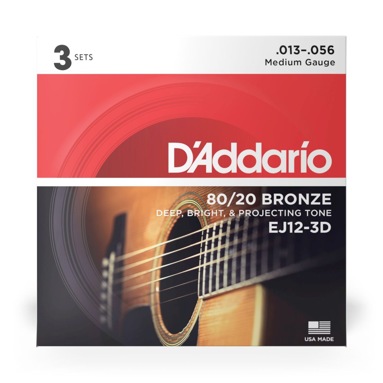 D'Addario EJ12-3D | 80/20 Bronze Acoustic Guitar Strings 13-56 Gauge | Medium | 3-Pack