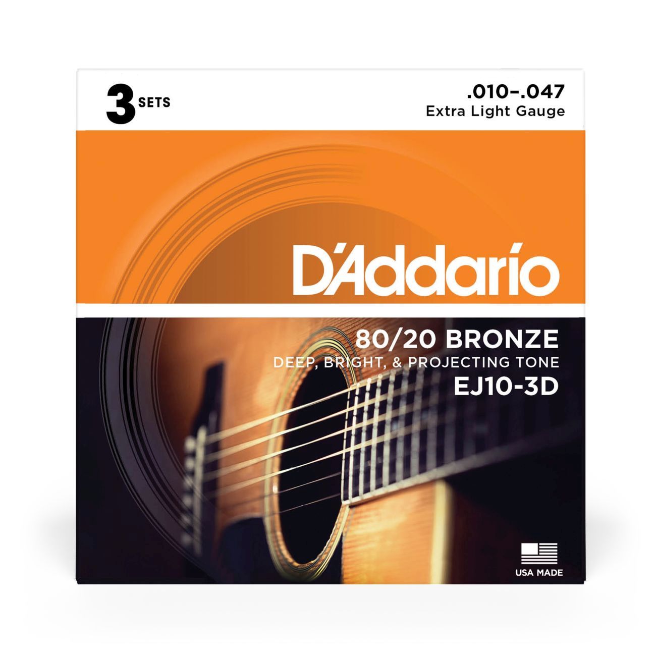 D'Addario EJ10-3D | 80/20 Bronze Acoustic Guitar Strings 10-47 Gauge | Extra Light | 3-Pack