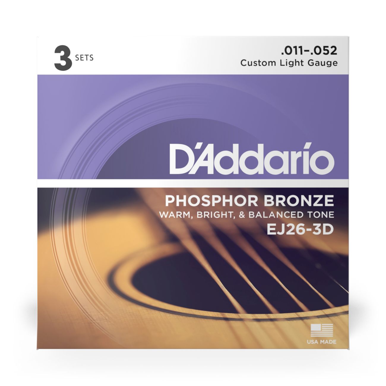 D'Addario EJ26-3D | Phosphor Bronze Acoustic Guitar Strings 11-52 Gauge | Custom Light | 3-Pack