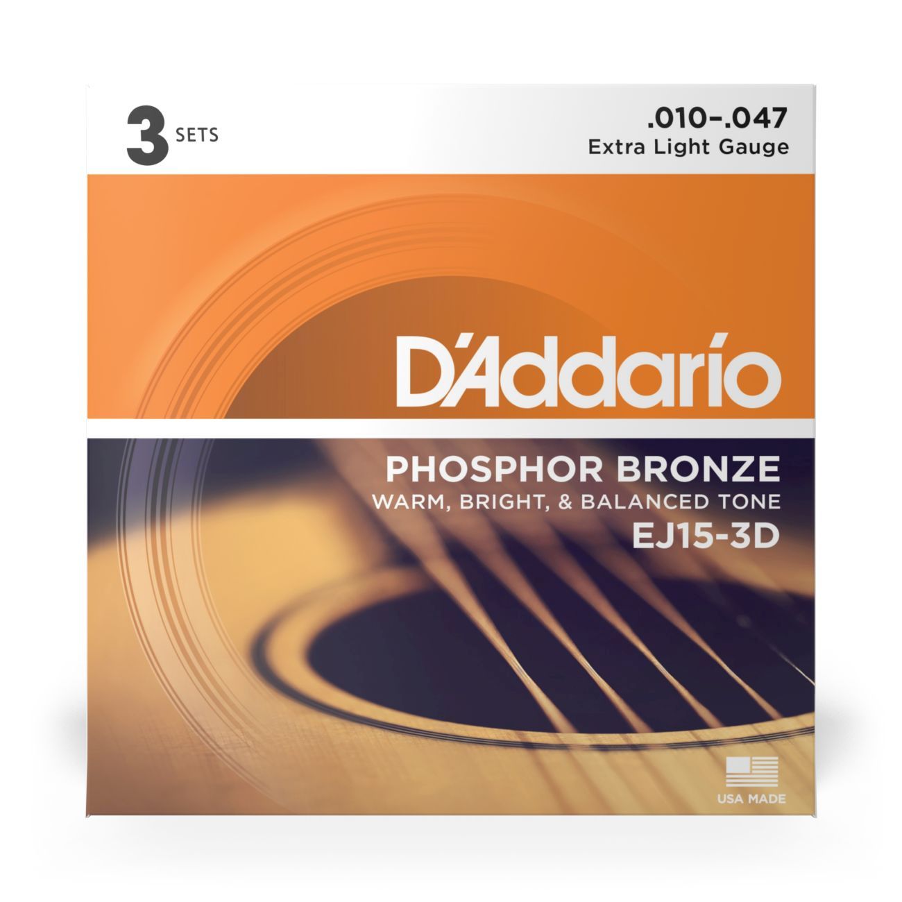 D'Addario EJ16-3D | Phosphor Bronze Acoustic Guitar Strings 12-53 Gauge | Light | 3-Pack