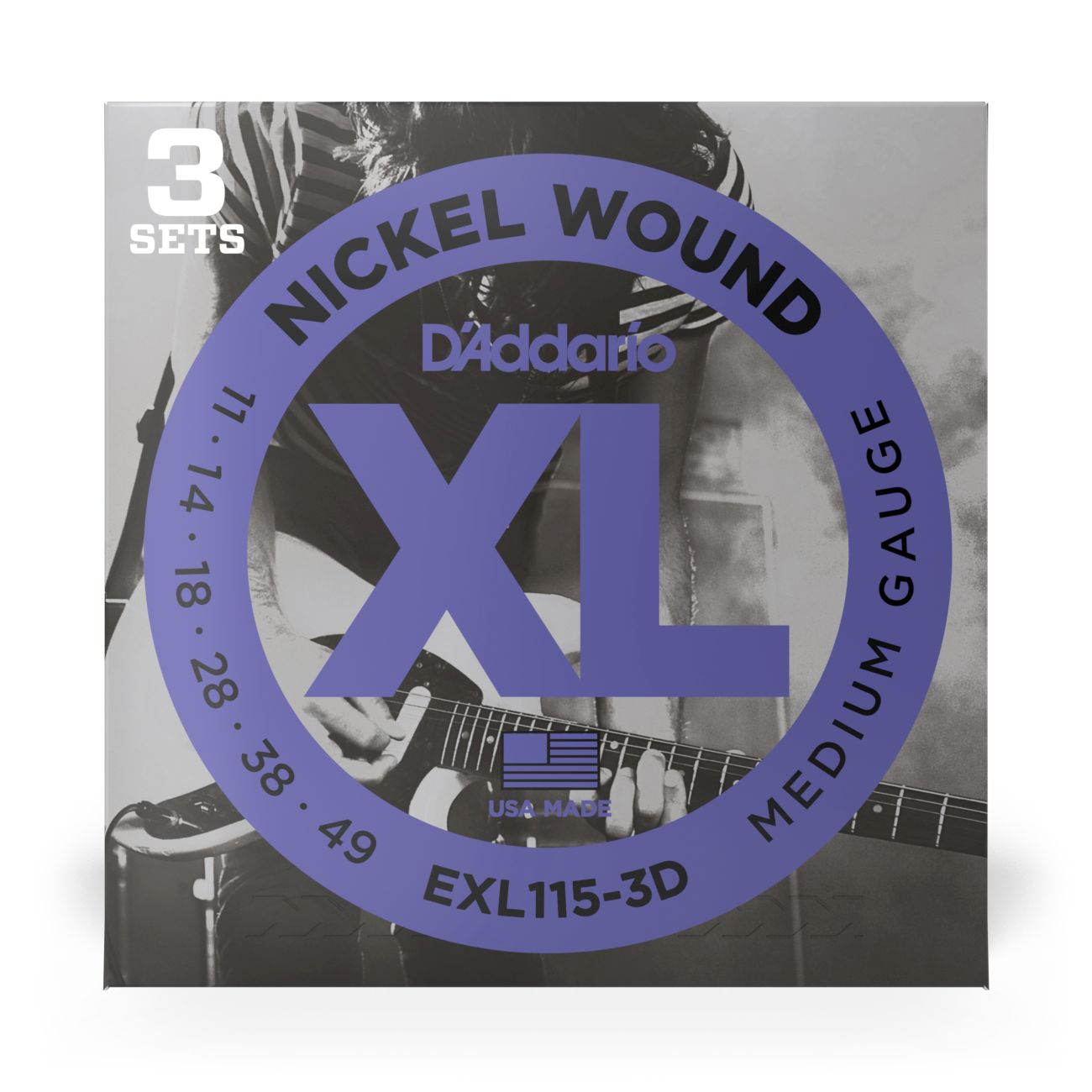 D'Addario EXL115-3D | Nickel Wound Electric Guitar Strings 11-49 Medium Gauge | 3-Pack