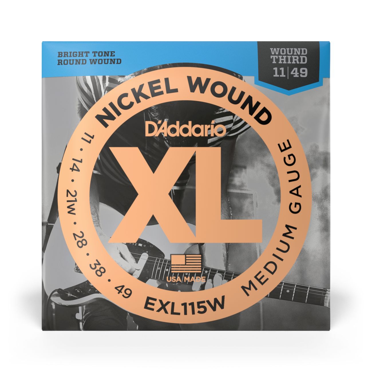 D'Addario EXL115W | Nickel Wound Electric Guitar Strings 11-49 Medium Gauge | Wound Third