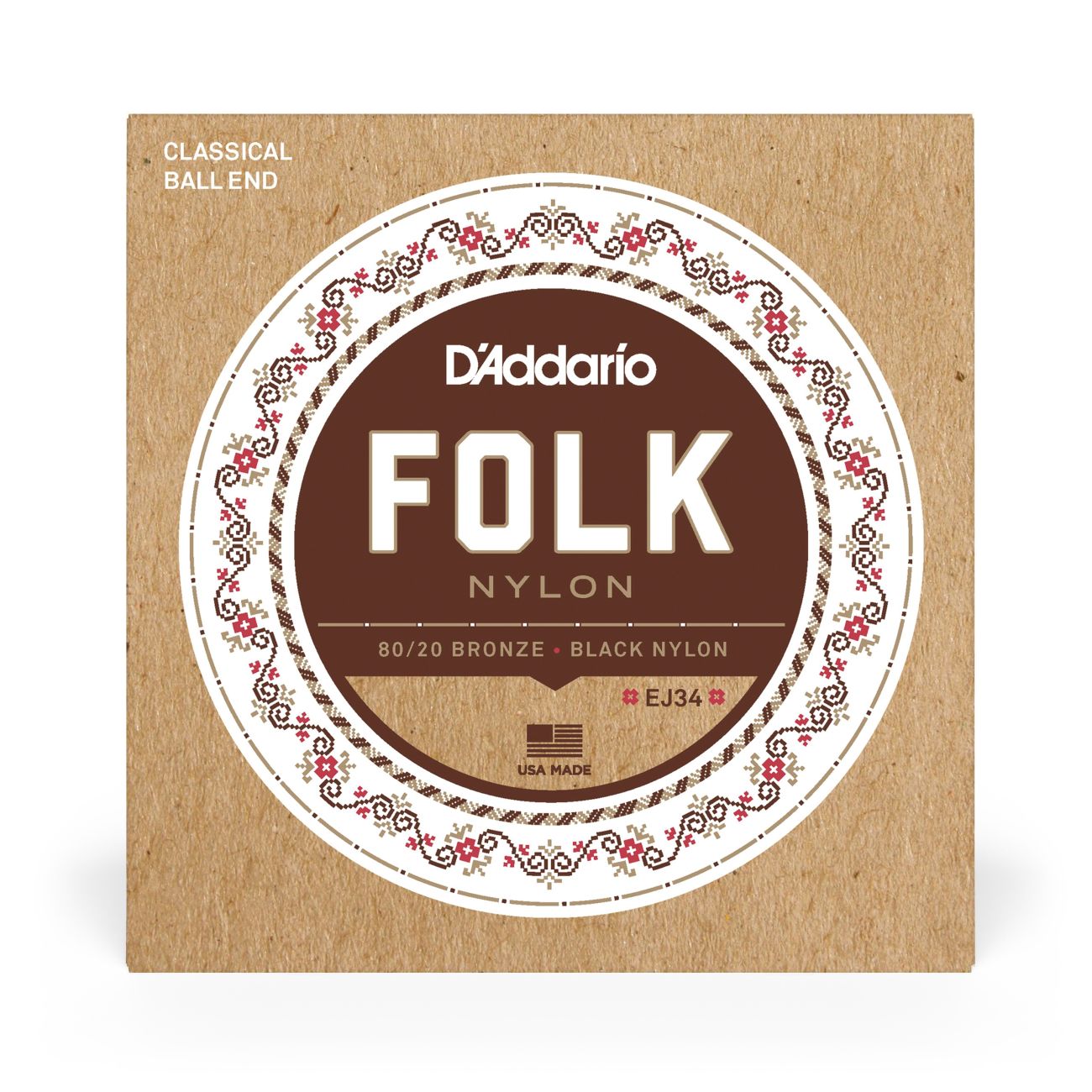 D'Addario EJ34 | Folk Nylon 80/20 Bronze Classical Guitar Strings | Ball End | Black Nylon Trebles