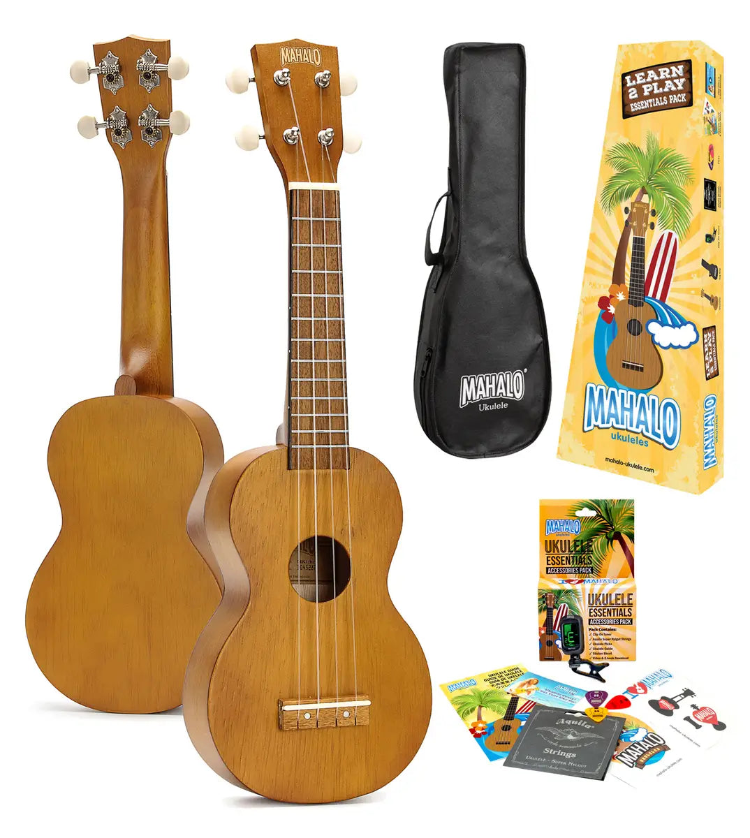 Mahalo Kahiko Series | Soprano Ukulele | Natural Gloss | Learn 2 Play Pack